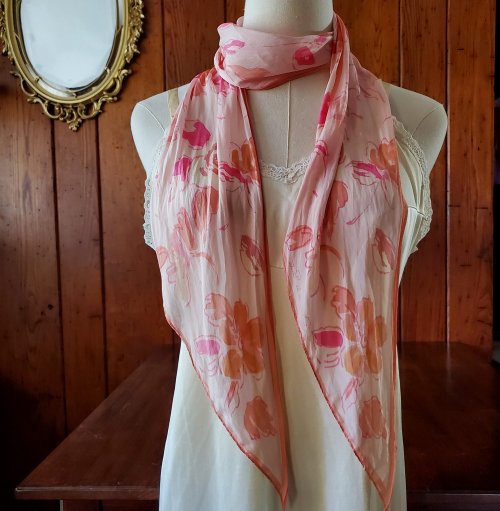 Oscar de la Renta Vintage Silk Scarf Long Skinny Pink Orange Floral WIDE 6x68